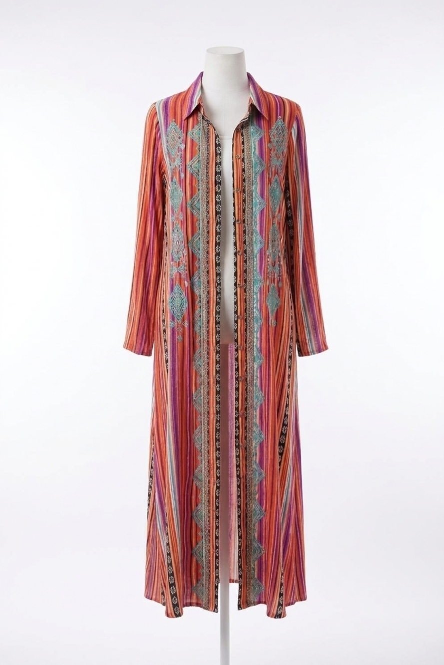 NEW ANDREE BY UNIT embroidered striped duster midi dress in rust multi